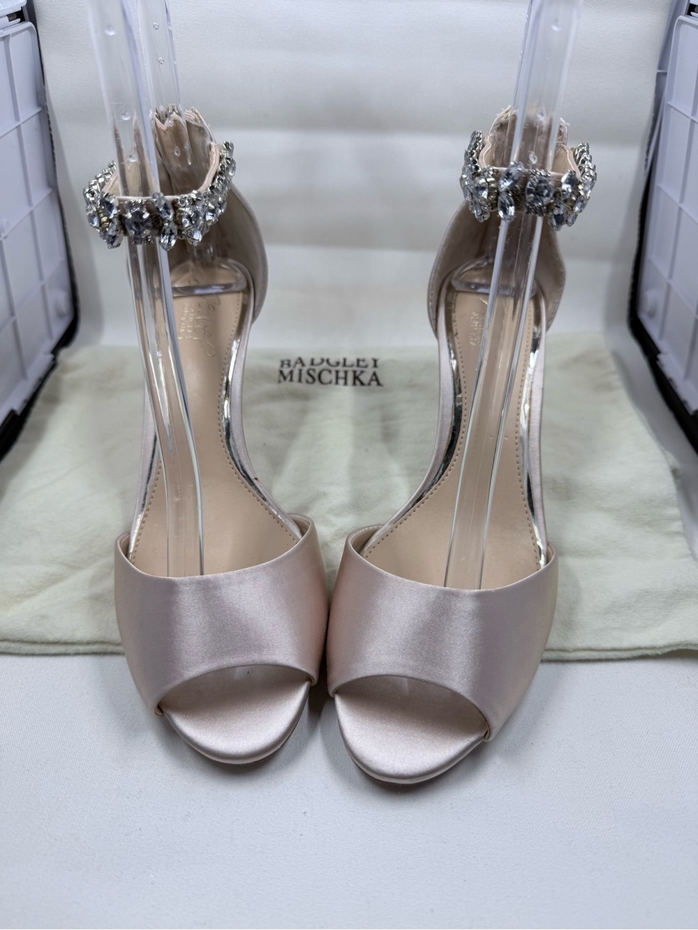 Badgley Mischka Blush Satin Crystal-Ankle Peep-Toe Heels